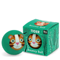 Green bouncy ball with a tiger face design next to its matching box 