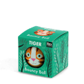 Green bouncy ball with a tiger face design in a packaging box 