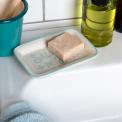 Rectangular ceramic soap dish with a light blue border and printed text 'Salle de bain' 