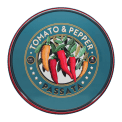 Back of Round metal serving tray with vintage-style tomato and pepper text design and chili illustration