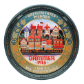 Round metal serving tray with vintage German beer design and colorful town illustration