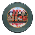 Back of Round metal serving tray with vintage German beer design and colorful town illustration