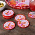 Four round coaster with Italian Aperitivo Spritz design and storage tin