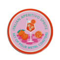 Round coaster stroage tin with Italian Aperitivo Spritz design featuring cocktail glass and oranges 