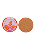 View of front and back of round coaster with Italian Aperitivo Spritz design featuring cocktail glass and oranges