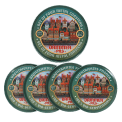 Four round coasters with vintage German beer design and storage tin