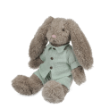 Plush bunny toy with floppy ears, wearing light green shirt and pants