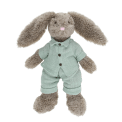 Plush bunny toy with floppy ears, wearing light green shirt and pants