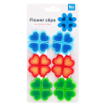 Six bright flower-shaped bag clips in blue, red, and green in packaging 