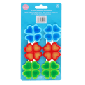 Back of six bright flower-shaped bag clips in blue, red, and green packaging 