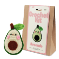 Avocado crochet kit with packaging and finished crocheted avocado beside it