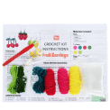 Crochet earring kit with yarns, hook, needle, stuffing, and instructions to make fruit-shaped earrings