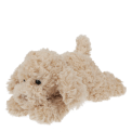 Light brown plush dog toy lying down with floppy ears and soft fur