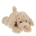 Light brown plush dog toy lying down with floppy ears and soft fur