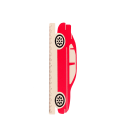 A red ruler shaped like a car with measurement markings along the bottom edge