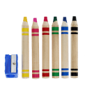 Six jumbo wooden crayons in different colour with a blue sharpener. 
