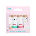 Set of four bunny-shaped highlighters in different colours in a pink box.