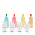 Set of four bunny-shaped highlighters in different colour with cap off.