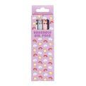 Pack of four animal-themed erasable gel pens in a pink box with rainbow and cloud design.