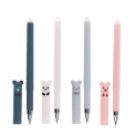 Pack of four animal-themed erasable gel pens in a different colour with cap off.