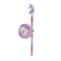 Unicorn stacking crayon with a white unicorn topper and a tag with unicorn print