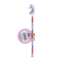 Unicorn stacking crayon with a white unicorn topper and a tag with barcode