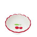 Round ceramic trinket dish with scalloped red edge and cherry design in the center.