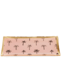 Rectangular trinket dish with gold rim and palm tree pattern on a pink background