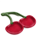 Red ceramic trinket dish shaped like two cherries with green stems.