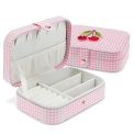 Pink gingham travel jewellery box with multiple compartments and slots.