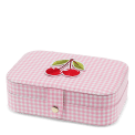 Pink gingham jewellery box with cherry design on the lid.