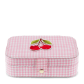 Pink gingham jewellery box with cherry design on the lid
