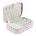 Pink gingham travel jewellery box with multiple compartments and slots.