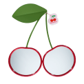 Wall mirror shaped like two cherries with red frames and green leaf detail