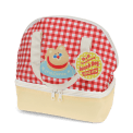Red and white checkered lunch bag featuring a cute bear illustration with tag