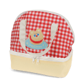 Red and white checkered lunch bag featuring a cute bear illustration with tag