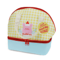 Yellow and white checkered lunch bag featuring a cute kawaii illustration with tag