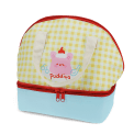 Yellow and white checkered lunch bag featuring a cute kawaii illustration 