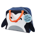 Navy blue lunch bag with orange handles and a cute penguin face design on the front and a black wings on each side