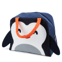 Navy blue lunch bag with orange handles and a cute penguin face design on the front and a black wings on each side