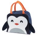 Navy blue lunch bag with orange handles and a cute penguin face design on the front, featuring black wings on each side.
