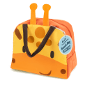 Orange lunch bag with dark brown handles and a cute giraffe face design on the front and two giraffe horns at the top