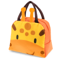 Orange lunch bag with dark brown handles and a cute giraffe face design on the front and two giraffe horns at the top