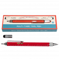 Red multi task tool pen with spirit level, removed touchscreen stylus and cross head screwdriver shown and box