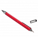 Red multi task tool pen with removed touchscreen stylus, cross head screwdriver and rulers in inches and centimetres shown