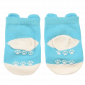 Pair of blue and white baby socks heel side featuring paw prints