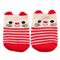 Pair of red and white striped baby socks front side featuring cat face