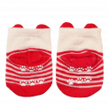 Pair of red and white striped baby socks heel side featuring paw prints