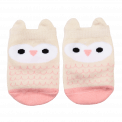 Pair of grey and pink baby socks front side featuring owl face