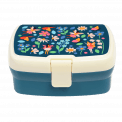 Dark blue lunch box with cream and dark blue lid featuring print of fairies amongst flowers